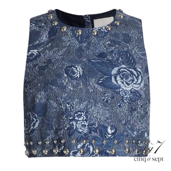 Cinq à Sept **NWT** Maia Studded Crop Top in Indigo Blue Floral - Picture 6 of 9